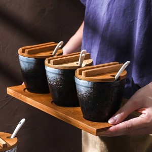 Bambus Holz Keramik Gewürz Fassform Gewürzdosen Soßentopf Set Salz Pfefferstreuer Gewürzsprays Kochen Küchenwerkzeug