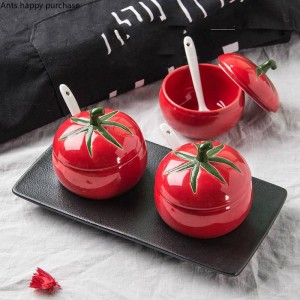 Kreative Tomate Keramik Gewürzglas Lagertank Küche Lagerung Hauptdekorationen Mit Deckel Mit einem Löffel Küchengläser
