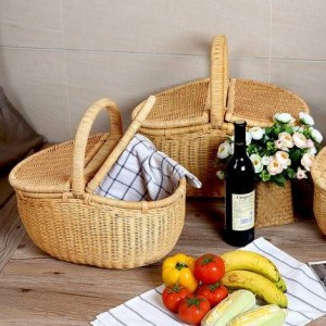 Rattan Einkaufskorb Obstkorb mit Deckel Picknickkorb Outdoor Ablagekorb