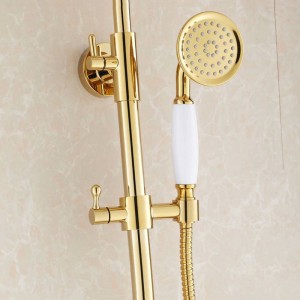 Duscharmatur Luxus Gold Messing Badewanne Wasserhahn Runde Regendusche Handheld Bar Wandhalterung Bad Mischbatterie Set HJ3007K