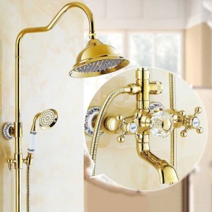 Duscharmaturen Luxus Messing Regenbrause Set Dural Griff Wandhalterung Gold Bad Wasserhahn Mit Gleitschiene Badewanne Wasserhahn LAD-18049