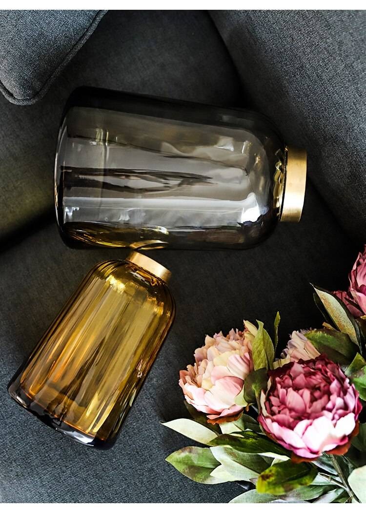 ラグジュアリー 軽い高級銅口ガラス花瓶シンプルで高級なリビングルームモデルルーム柔らかい装飾家の装飾花瓶, 軽い高級銅口ガラス花瓶シンプルで