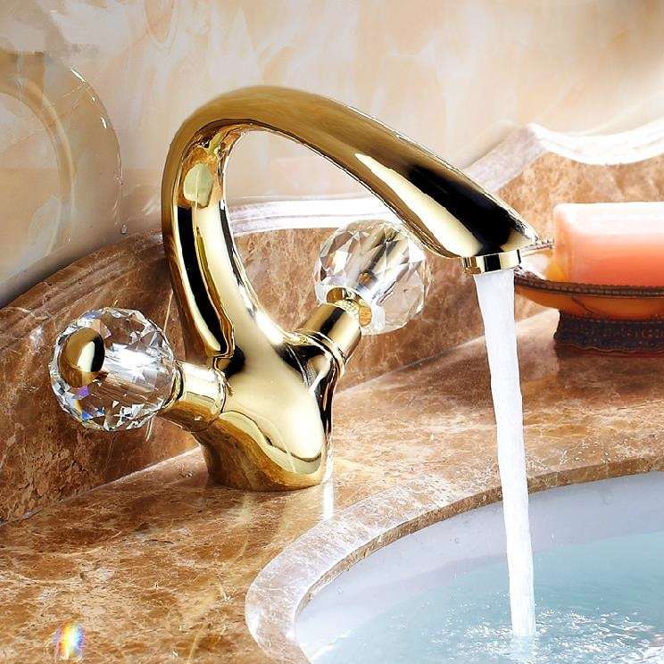 Antique Gold Brass Bathroom Basin Sink Waterfall Mixer Tap Faucet Cystal Handles 