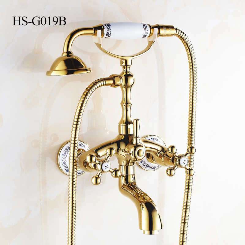 Luxury Polished Gold Bathtub Filling Faucet Mixer with Handheld Shower Head NEW 