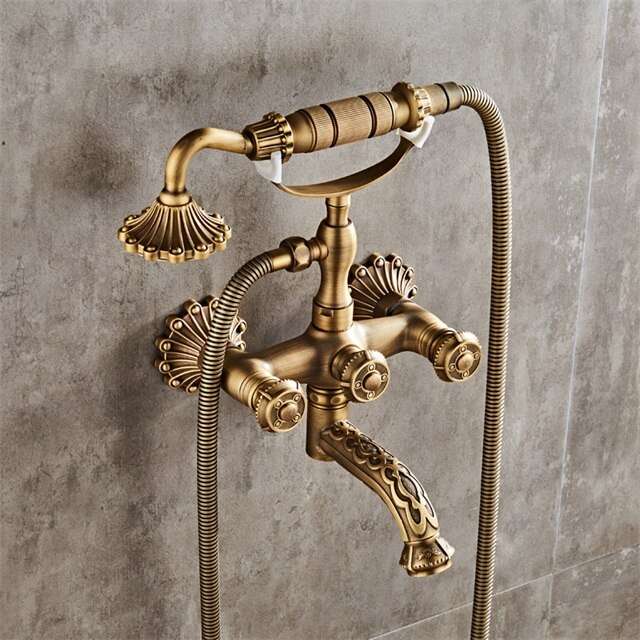 Antique Brass Wall Mount Basin Tub Mixer Taps Hand Held Shower Spray Faucet Set