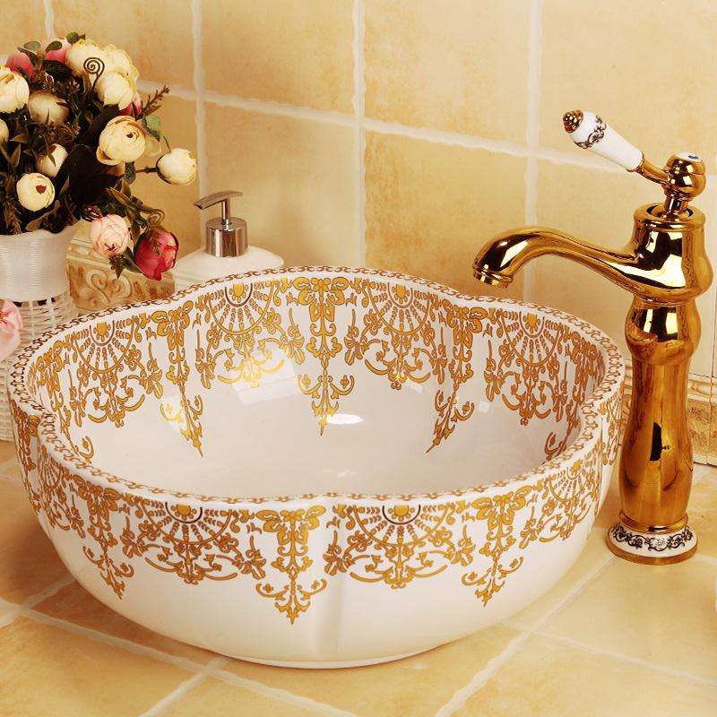 Luxury Flower Shape Bathroom Ceramic Sink Wash Basin Counter Top White Gold Pattern Vessel - Bathroom Vessel Sink Wash Tub