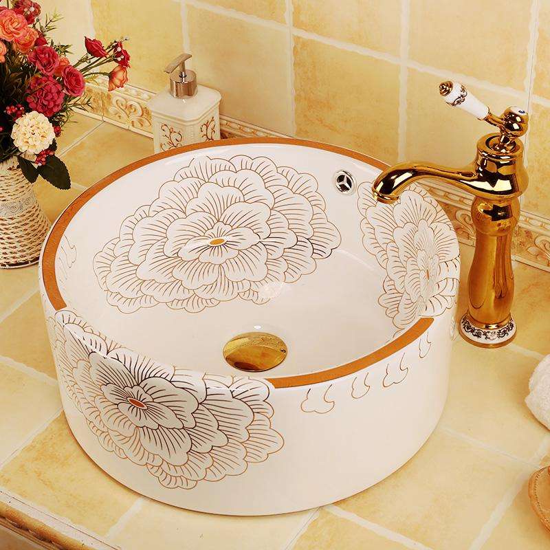 Luxury Table Basin Ceramic Art Toilet Washbasin Face Wash White Peony Bathroom Sinks - Ceramic Bathroom Sinks Decorative